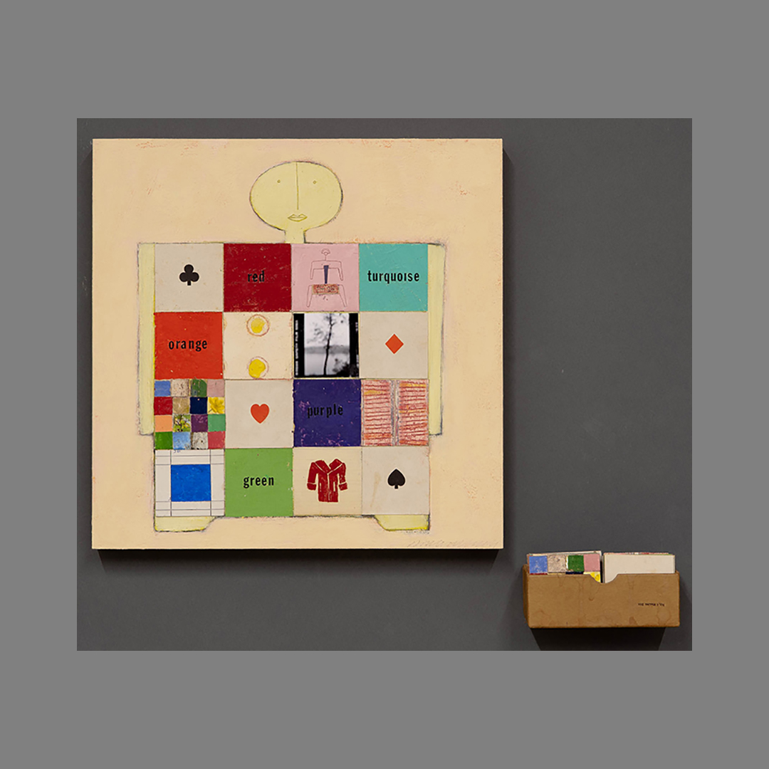 Oil, Paper, Canvas, Cardboard on Panel, 12" x 12" + 2" x 4" x 2"