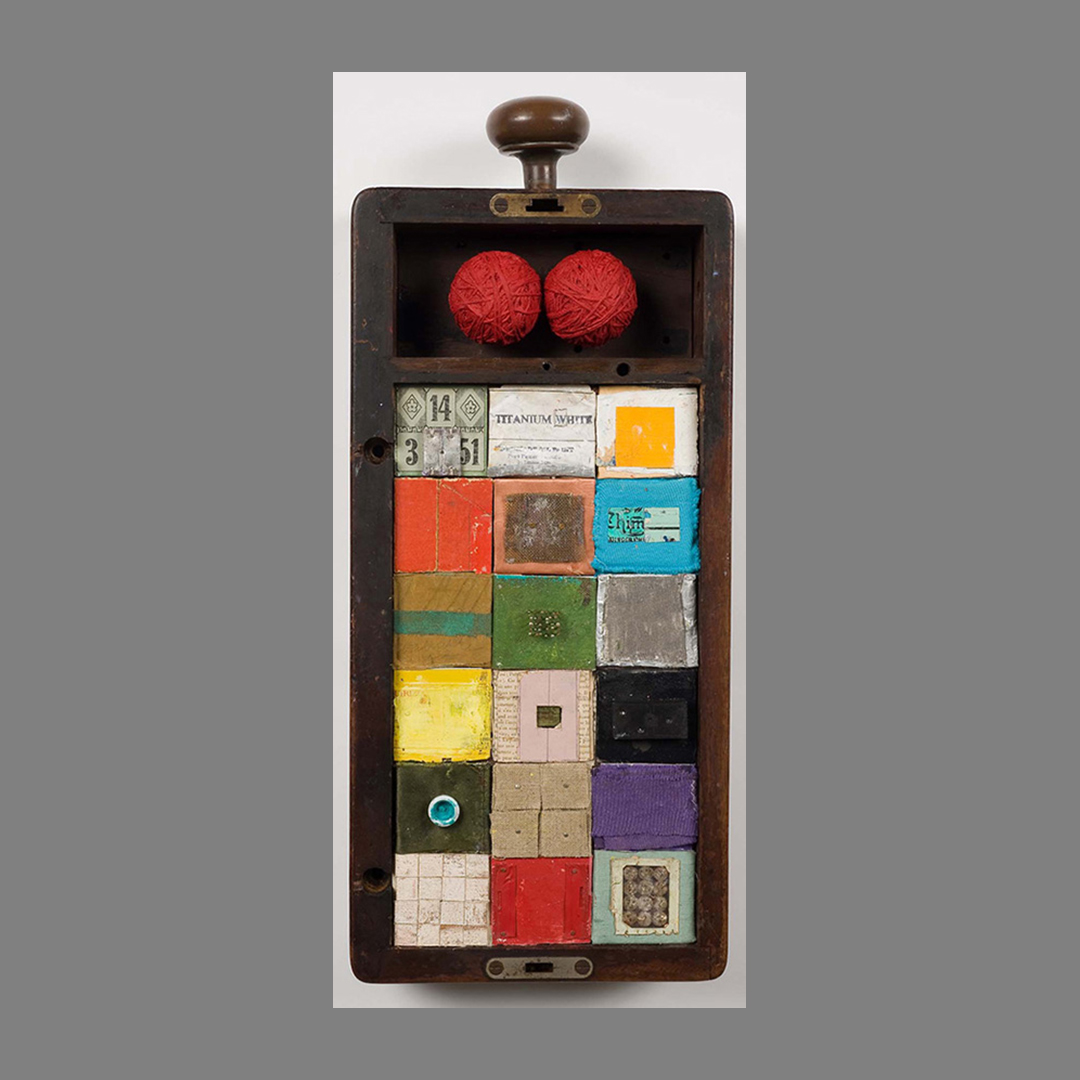 Wooden Box, Paper, Canvas, Thread, Found Objects. 18" x 6" x 4"