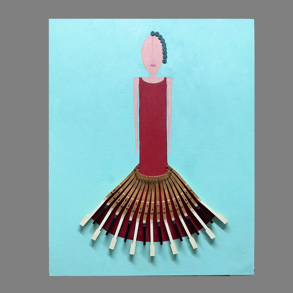 Piano Girl - Oil, Found Objects on Panel, 48